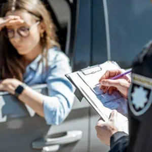 Police officer issuing a traffic fine to a seated woman in a car for a violation