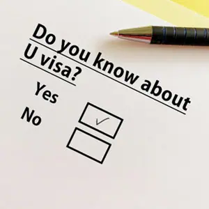 A question asking if the viewer is aware of the U visa, with options for "yes" and "no" - The Emory Law FIRM PC